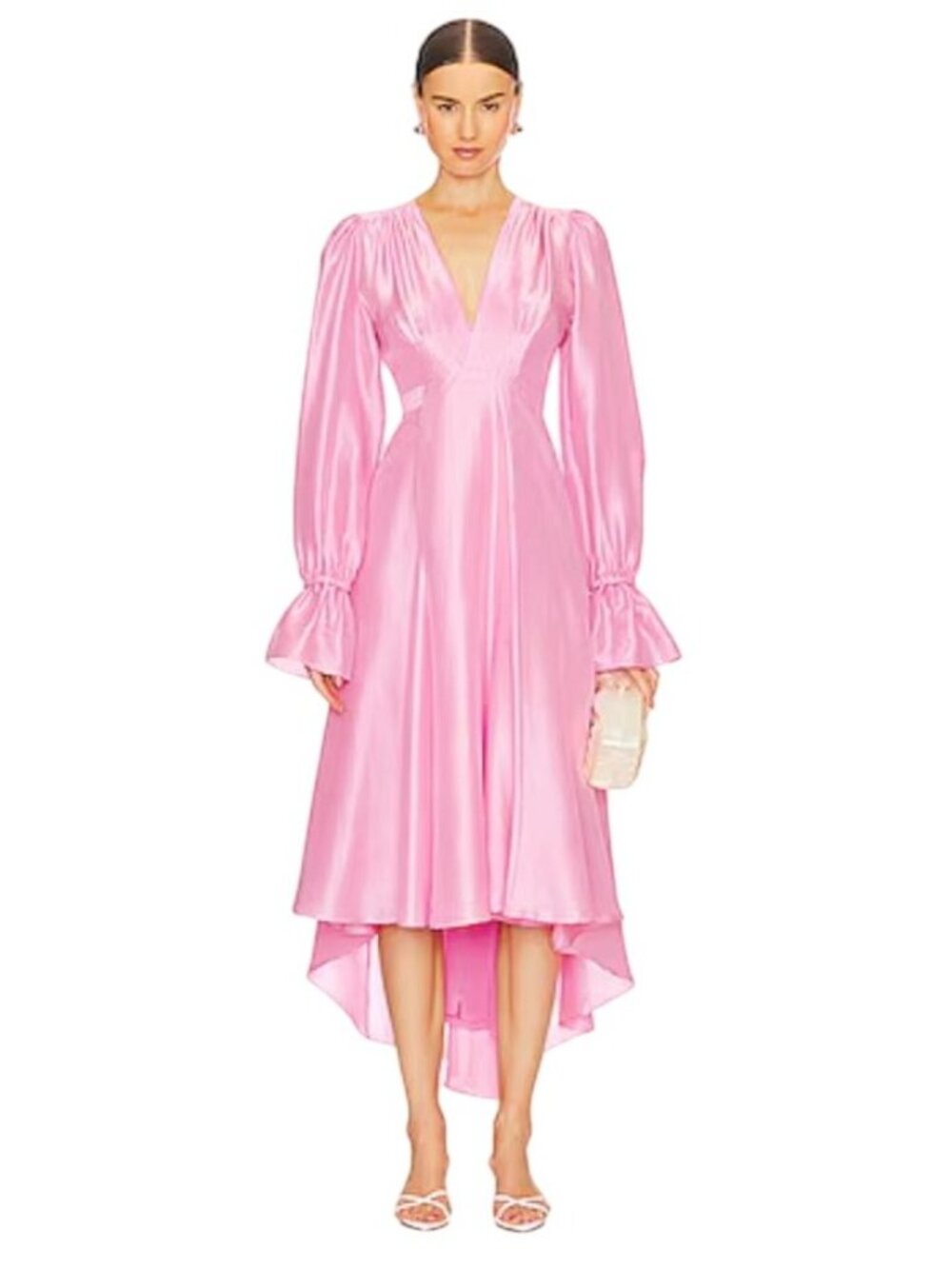 Pink Satin V-Neck Midi Dress with Fluted Cuffs